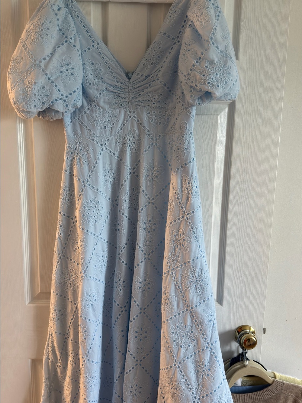 Aqua Light Blue Eyelet Puff Sleeve Midi Dress